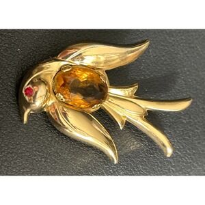 Vintage CORO Bird Brooch Rhinestone Cabochon Gold Tone Prong Set Signed Pin